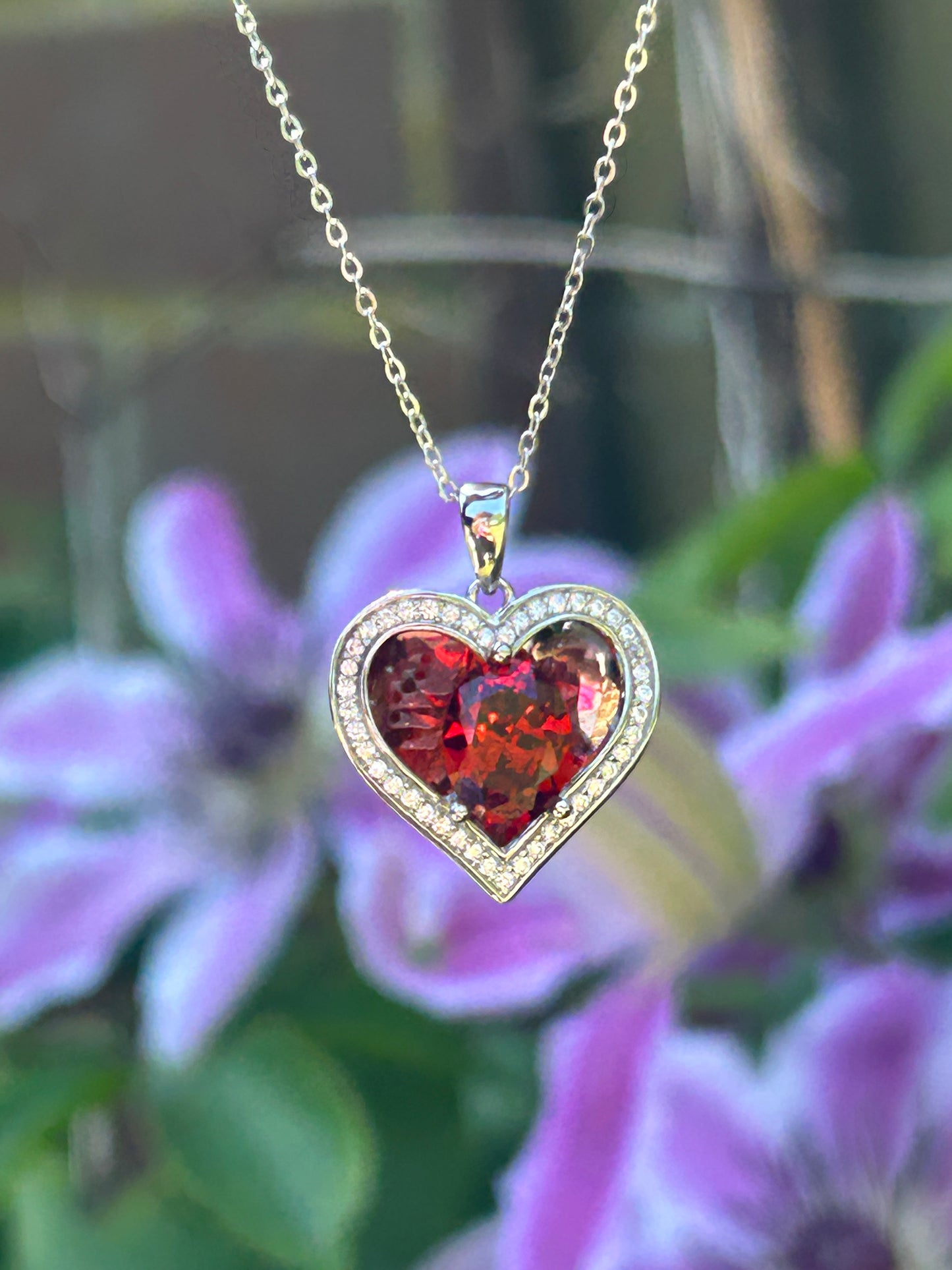 Silver Garnet Heart Necklace