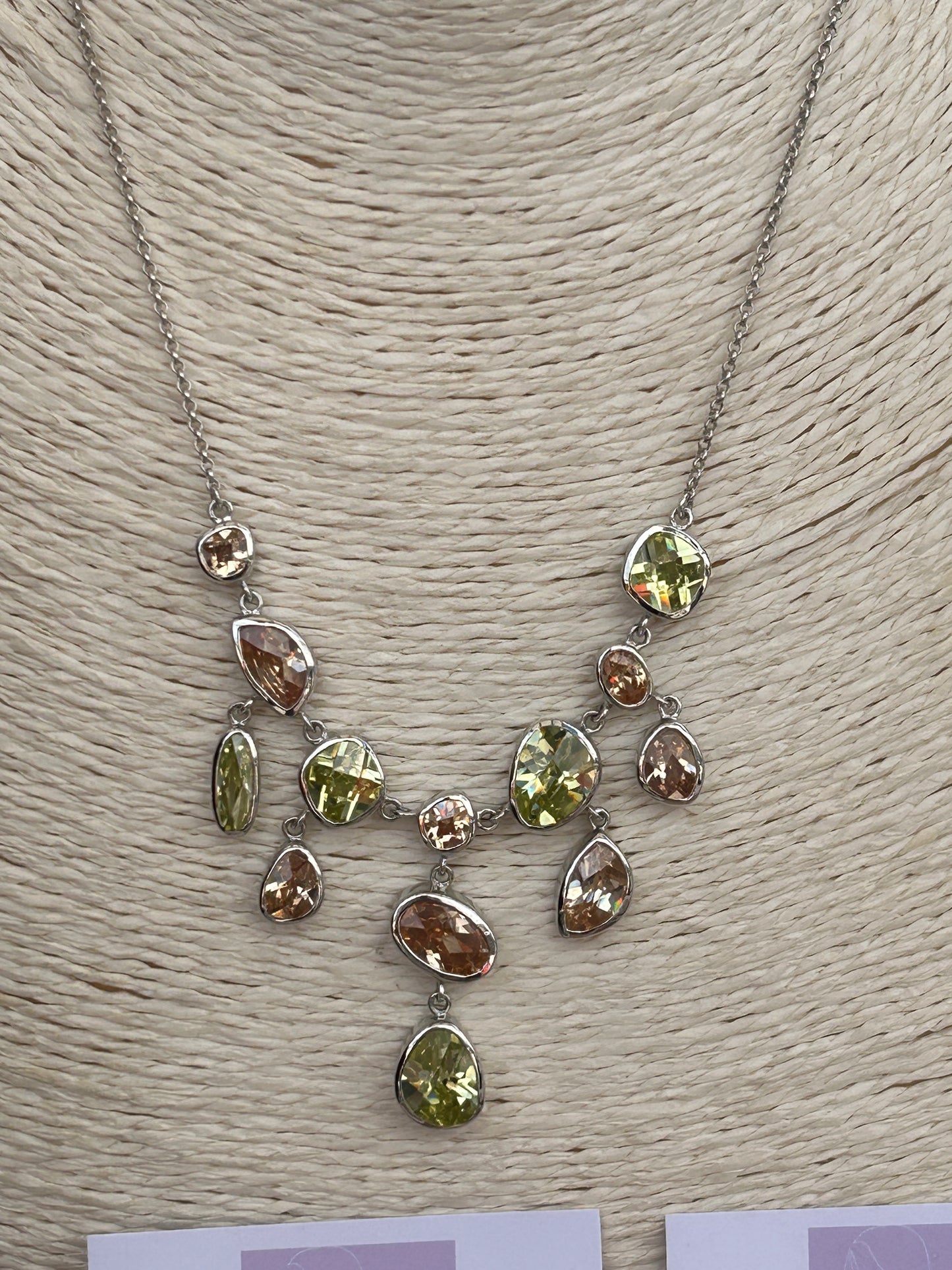 Silver Peridot and Amber Necklace