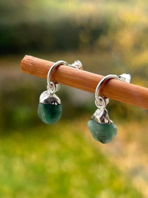 Silver Emerald Raw Drop Earrings