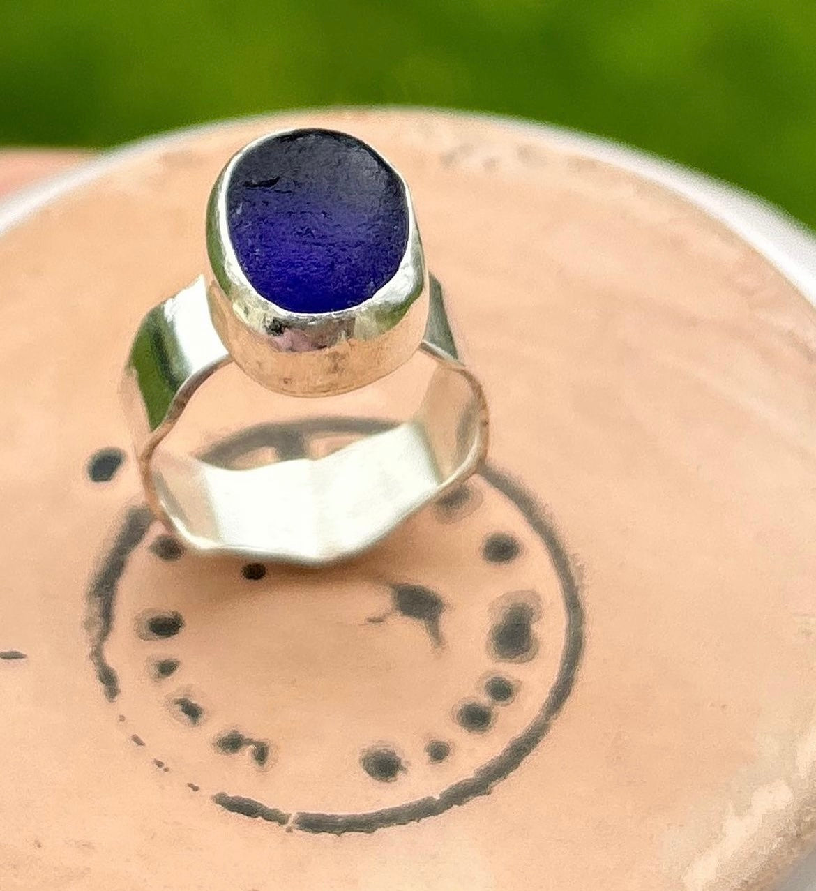 Dark Blue Chunky Sea glass Ring Size N